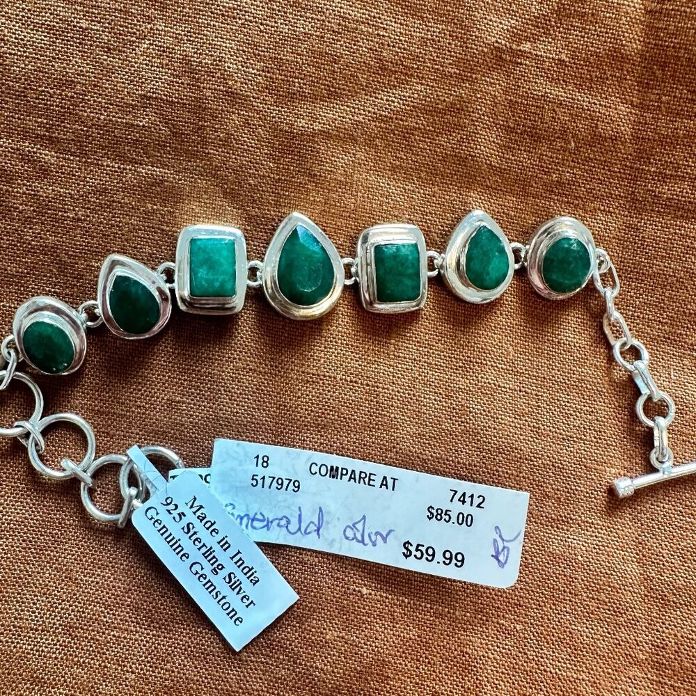 Sterling Silver and Emerald-like Stone Bracelet, NWT